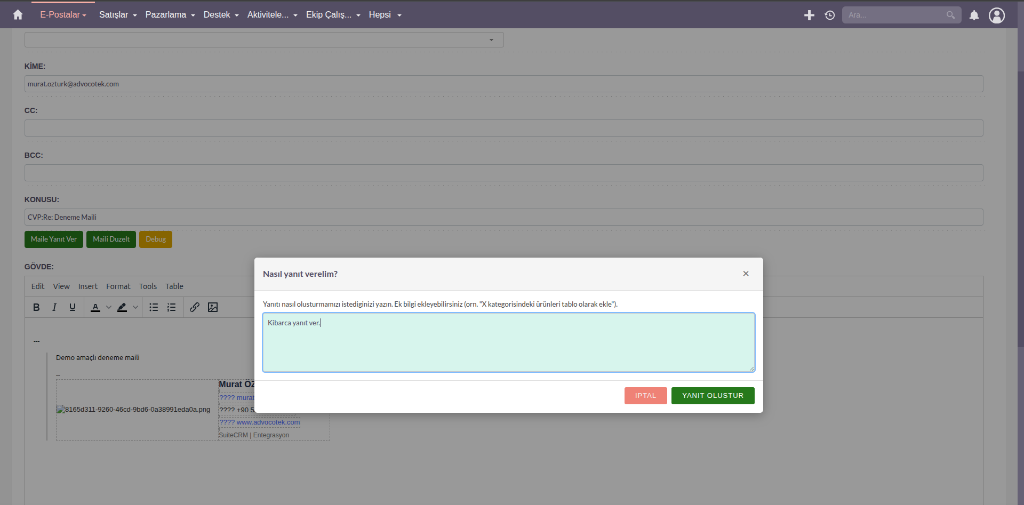 SuiteCRM AI Prompt Diyaloğu