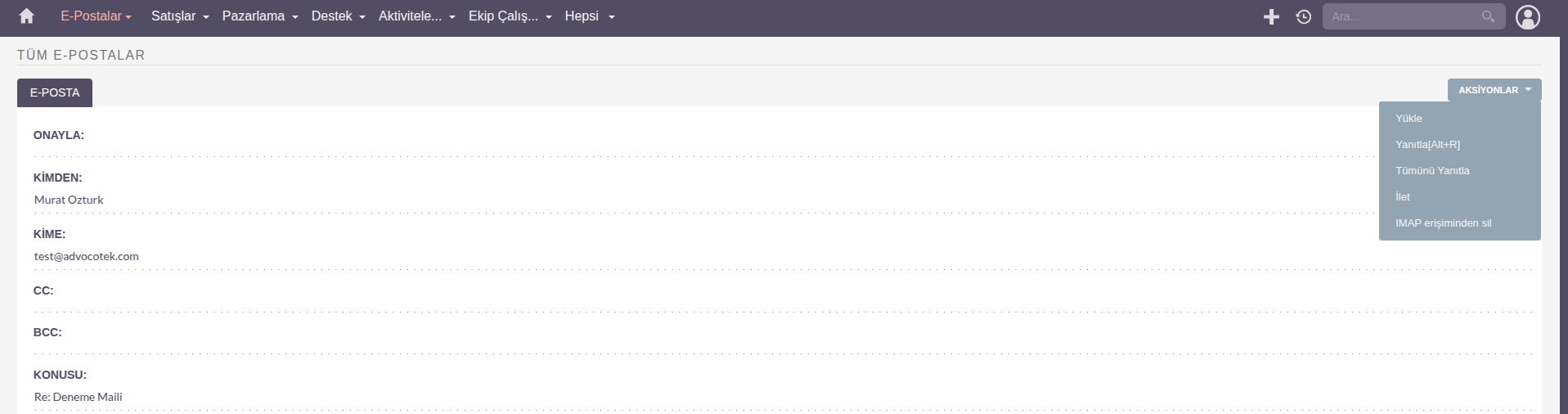 SuiteCRM E-Posta Detay ve Aksiyonlar